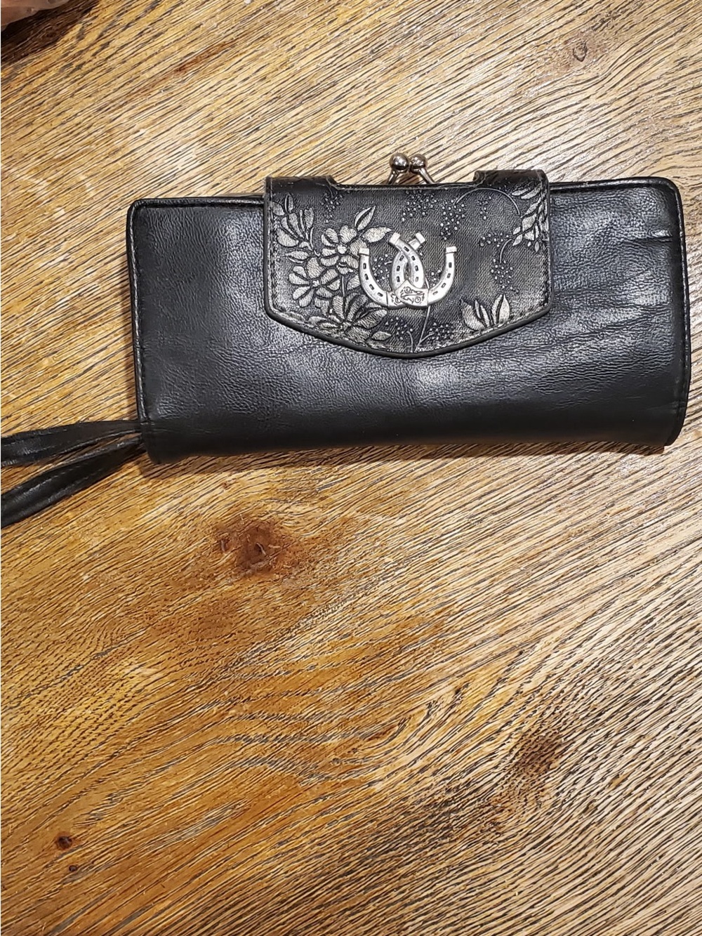 Braciano Black Floral-Embossed Leather Wallet Clutch with Horseshoe Accent